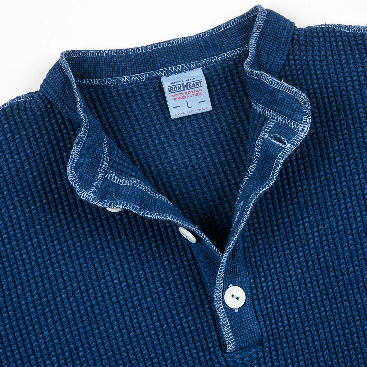 IHTL-1213-IND - Waffle Knit Long Sleeved Thermal Henley - Indigo Dyed - Image 2