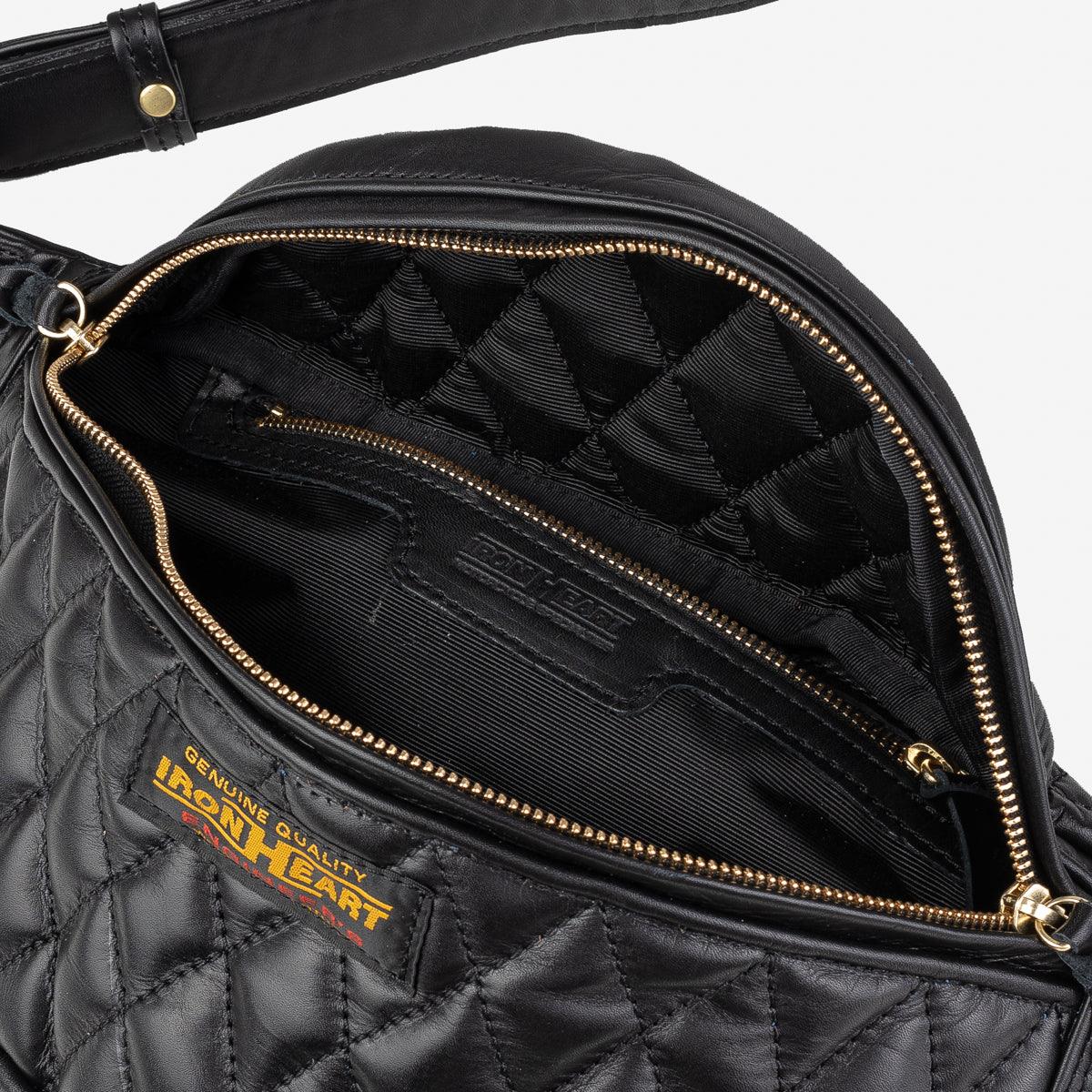 IHE-45-BLK - Diamond Stitched Leather Waist Bag - Black - Image 11