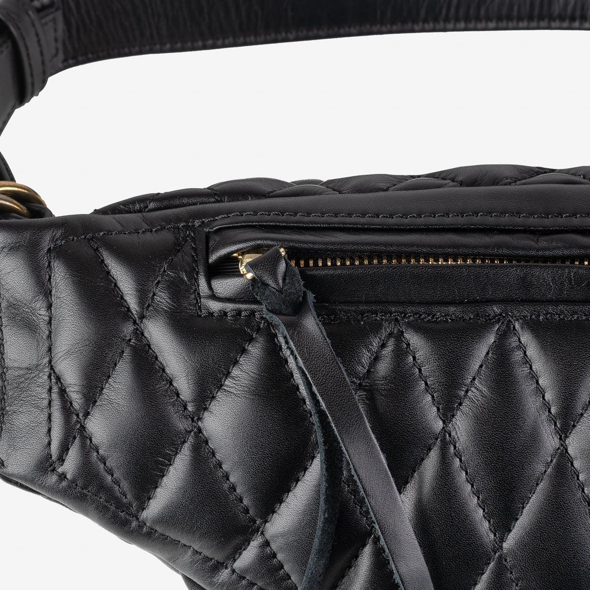 IHE-45-BLK - Diamond Stitched Leather Waist Bag - Black - Image 8