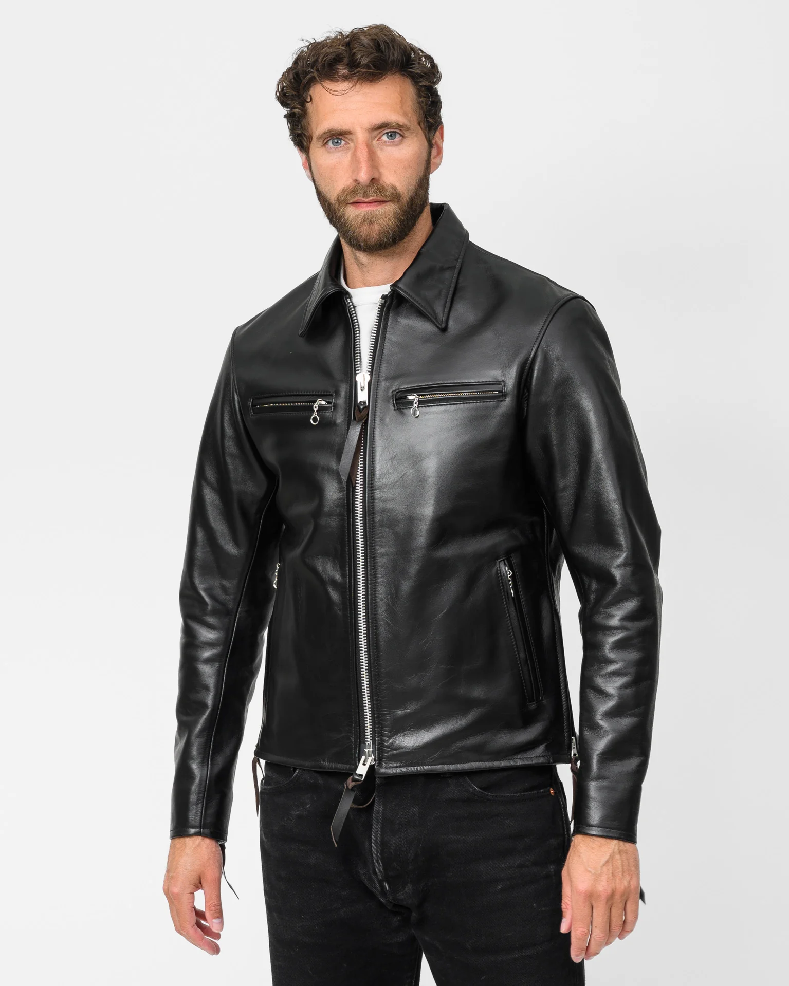 IHJ-54-BLK - Japanese Horsehide Rider’s Jacket with collar - Black (Tea-Core Dyed) - Image 3