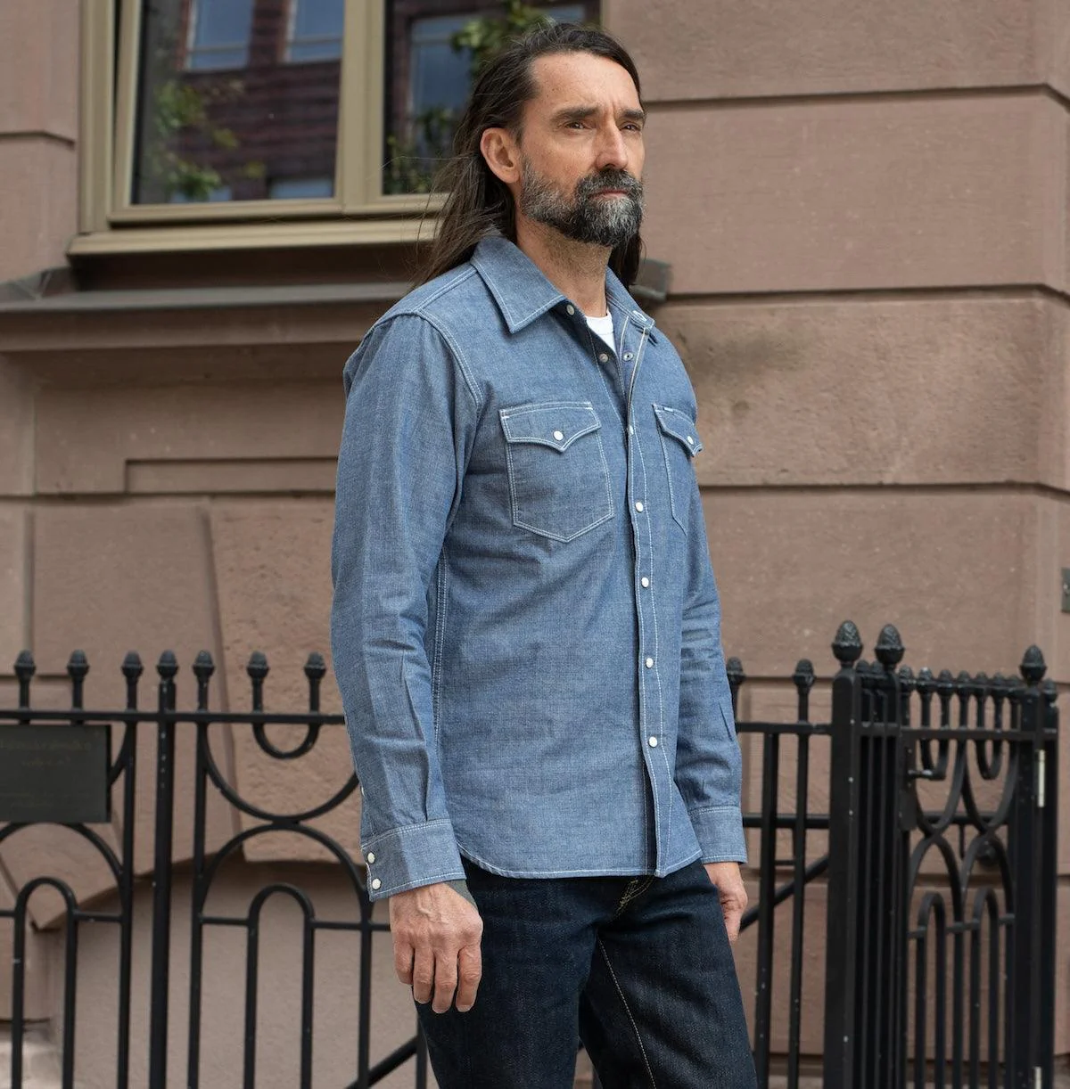 IHSH-13-BLU - 10oz Selvedge Chambray Single Yoke Western Shirt - Blue - Image 2