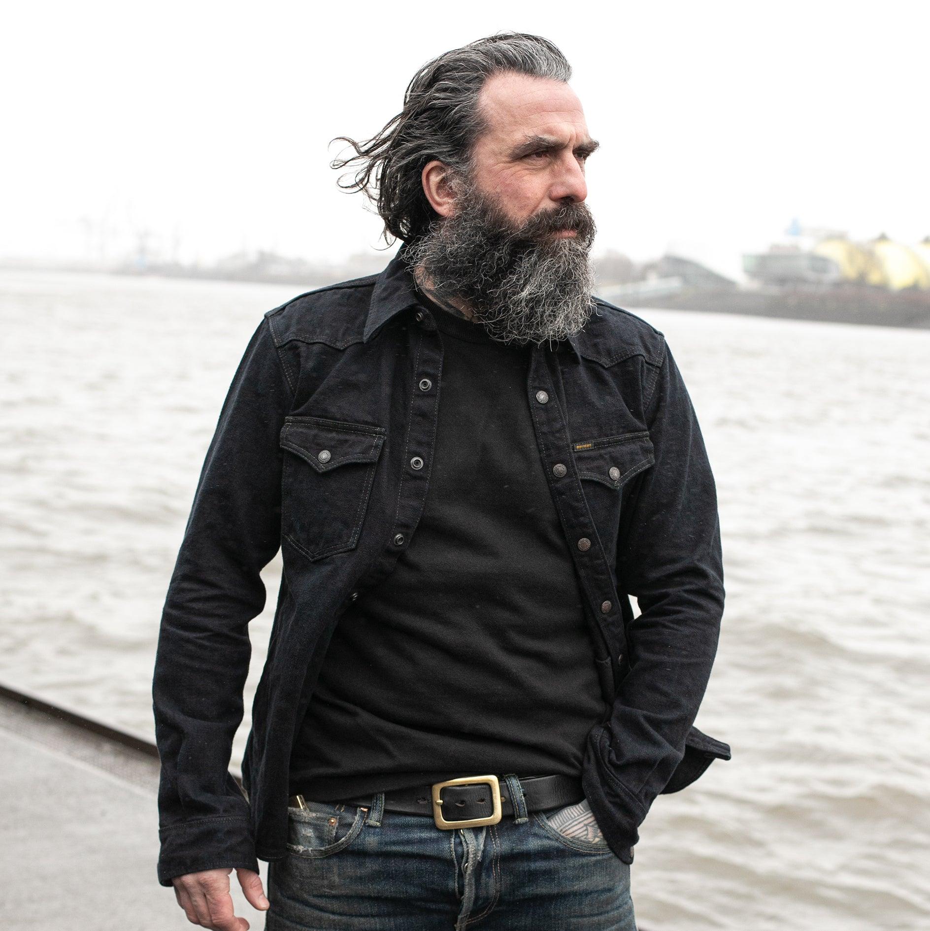 IHSH-293-OD - 18oz Vintage Selvedge Denim CPO Shirt Indigo Overdyed Black - Image 2