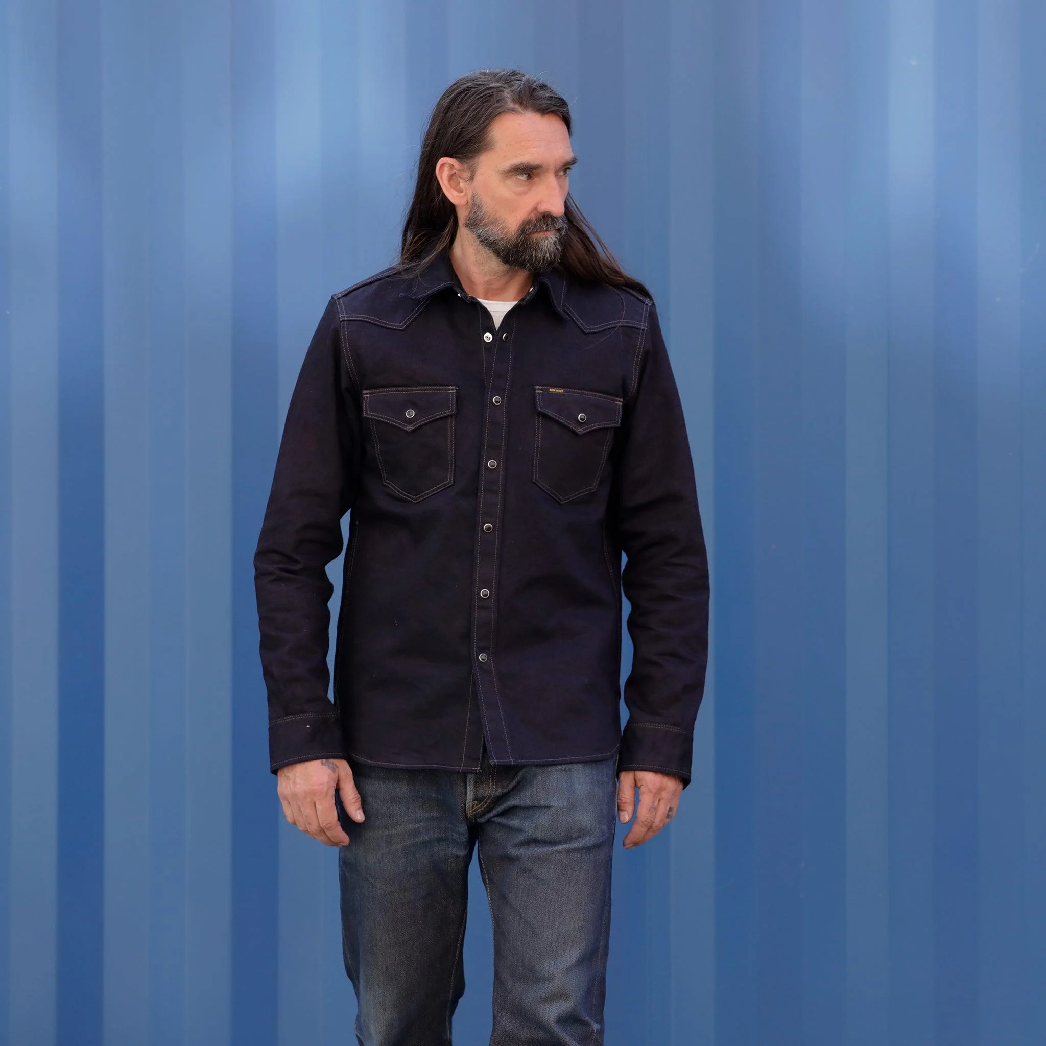 IHSH-295-IB - 14oz Selvedge Denim Western Shirt - Indigo/Black - Image 2