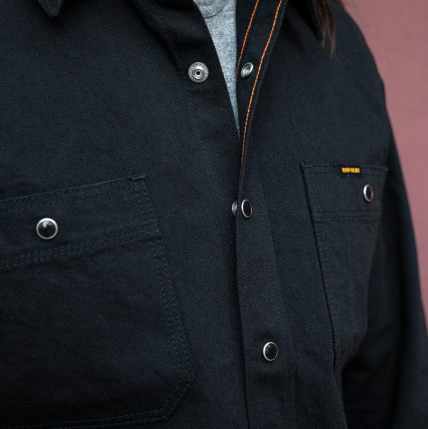 IHSH-338-BLK - 12oz Selvedge Denim Work Shirt With Snaps - Black/Black - Image 3