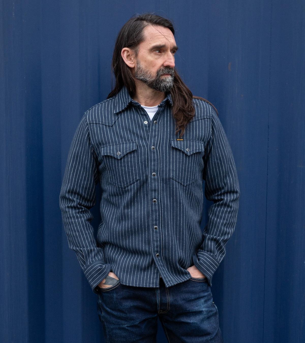 IHSH-401-NAV - Ultra Heavy Flannel Chalk Stripe Western Shirt - Navy - Image 2