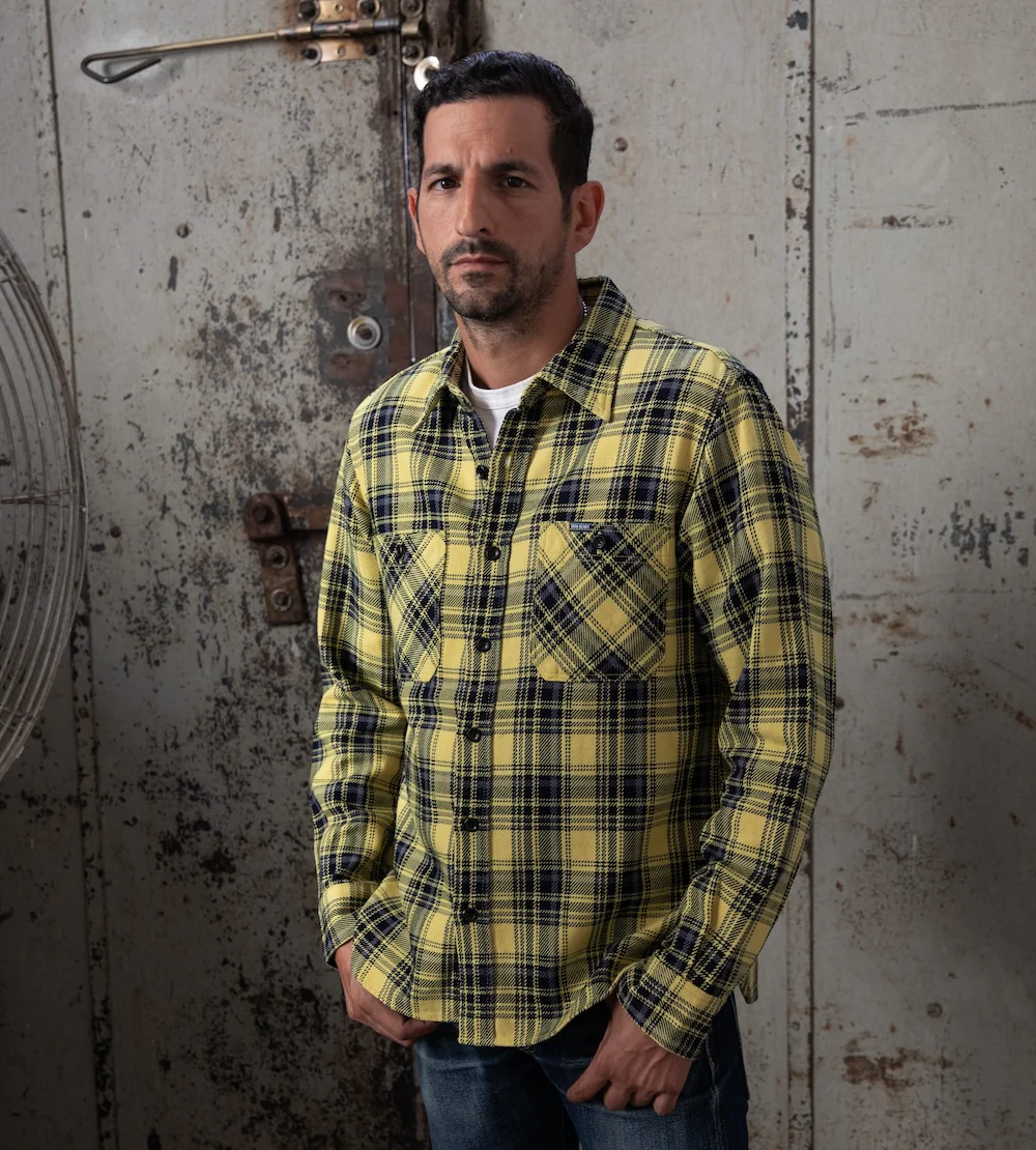 IHSH-412-YEL - 9oz Selvedge Indigo Check Flannel Work Shirt - Yellow - Image 2