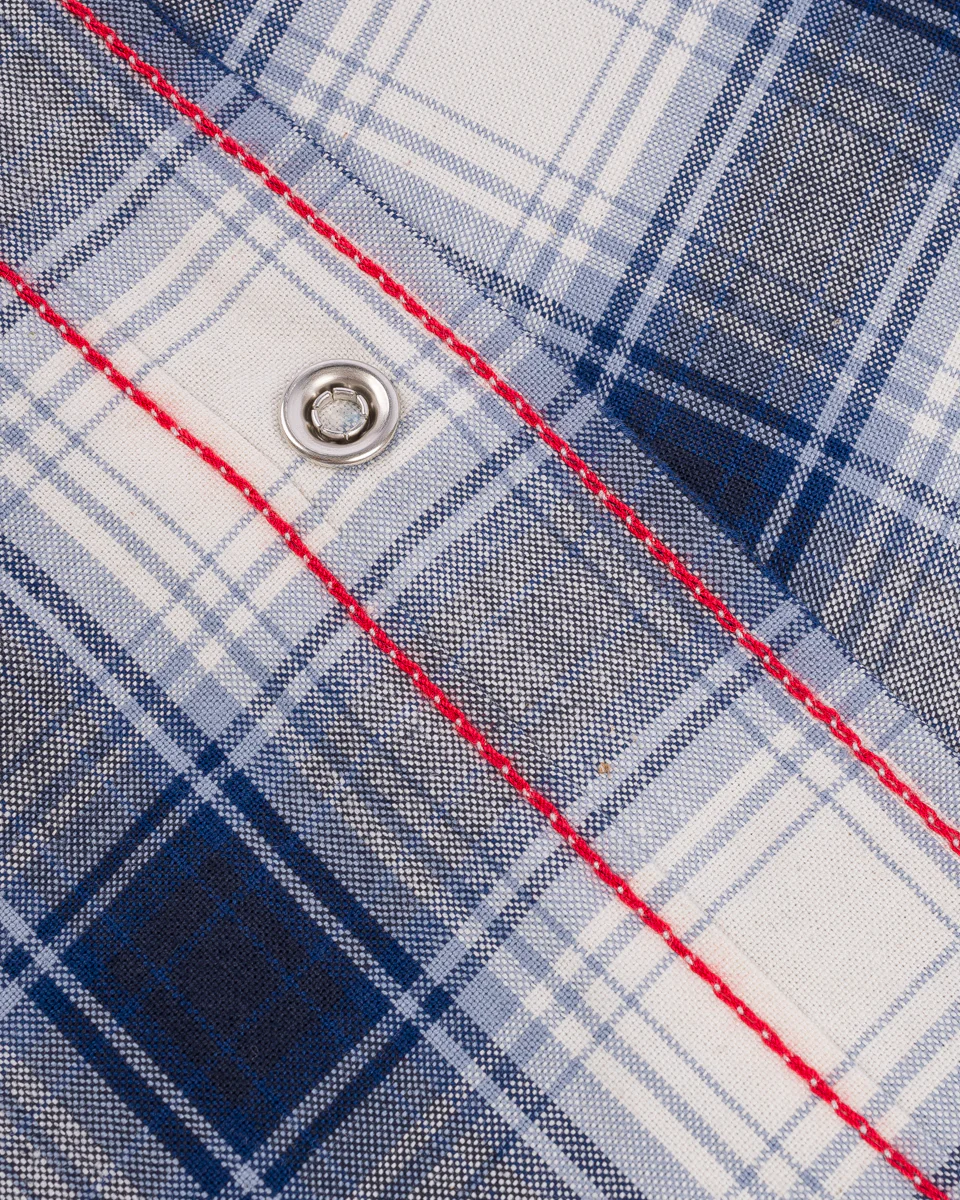 IHSH-418-BLU - 5oz Selvedge Short Sleeved Madras Check Western Shirt - Blue - Image 10