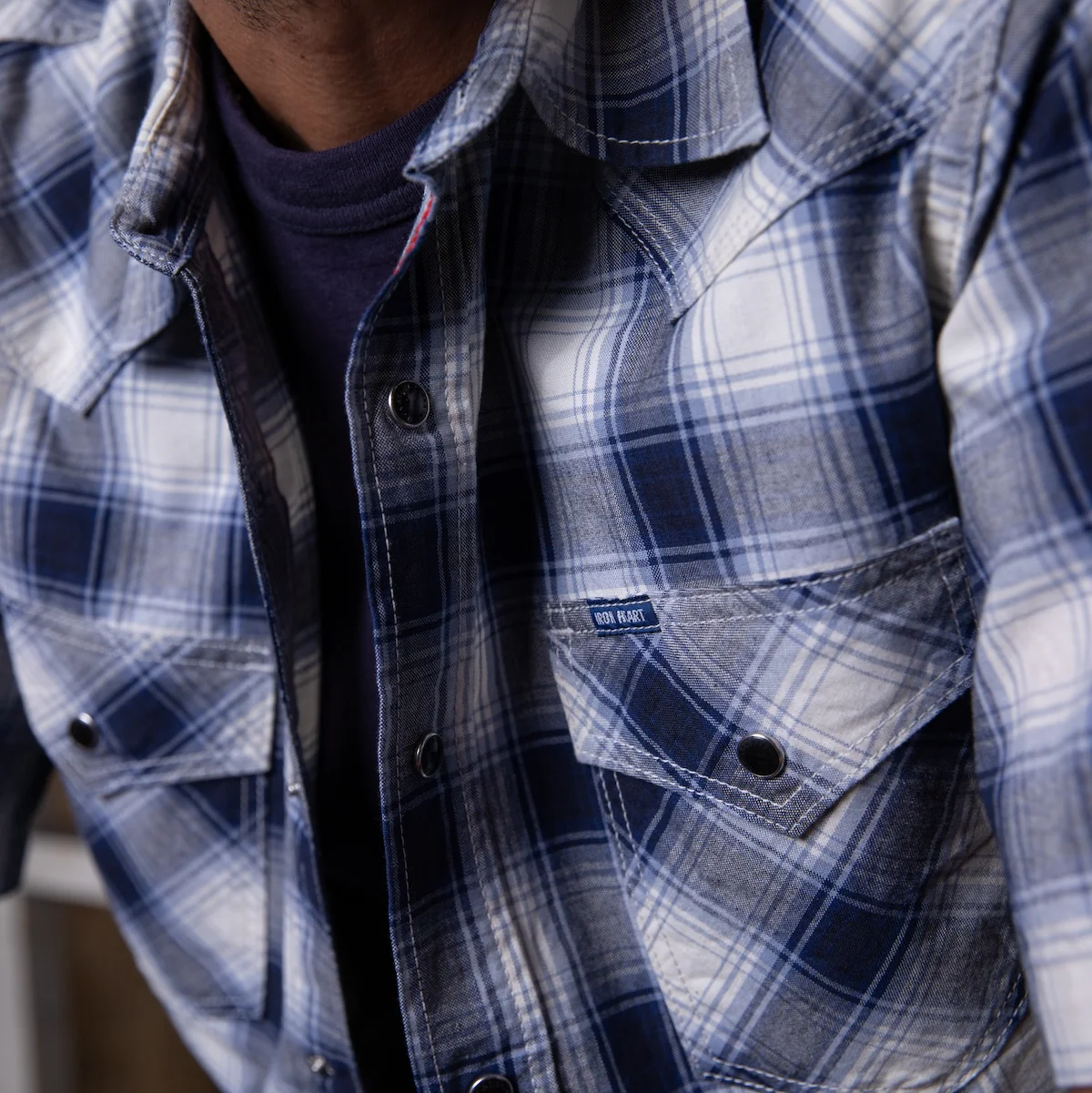 IHSH-418-BLU - 5oz Selvedge Short Sleeved Madras Check Western Shirt - Blue - Image 3
