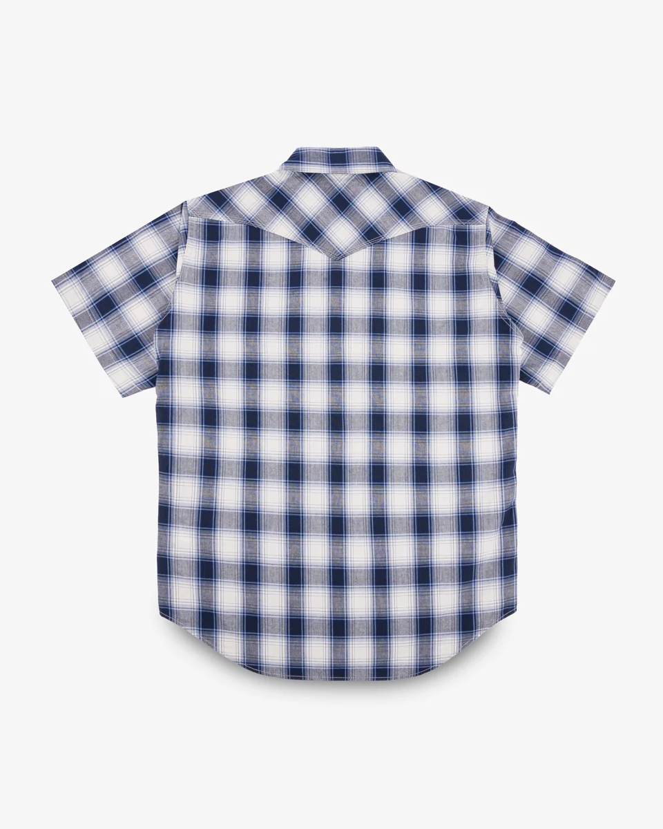 IHSH-418-BLU - 5oz Selvedge Short Sleeved Madras Check Western Shirt - Blue - Image 4