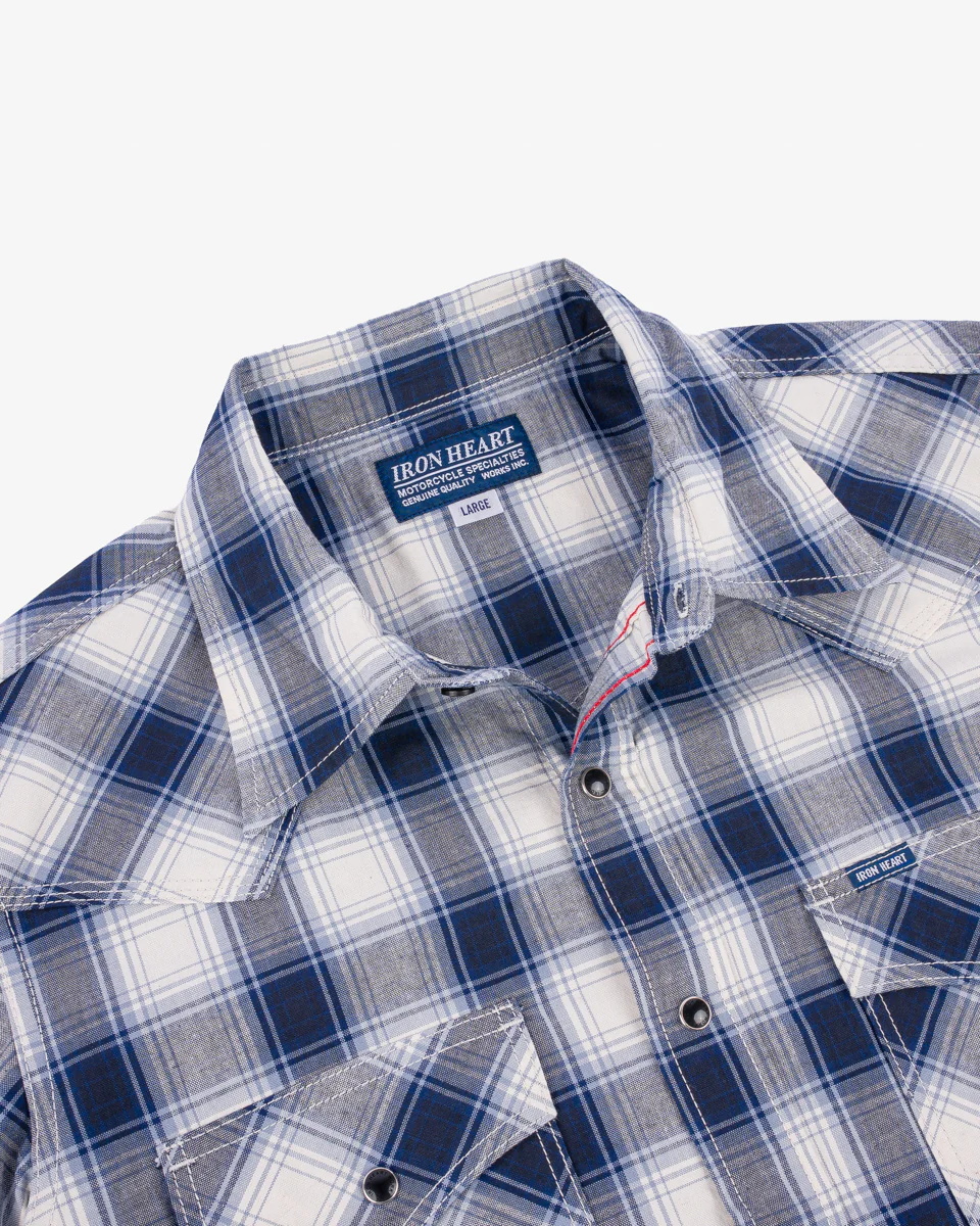IHSH-418-BLU - 5oz Selvedge Short Sleeved Madras Check Western Shirt - Blue - Image 5