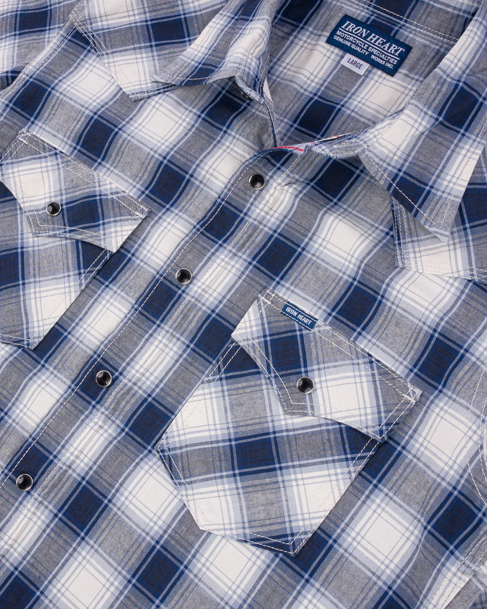 IHSH-418-BLU - 5oz Selvedge Short Sleeved Madras Check Western Shirt - Blue - Image 6
