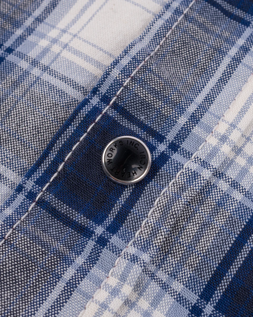 IHSH-418-BLU - 5oz Selvedge Short Sleeved Madras Check Western Shirt - Blue - Image 7