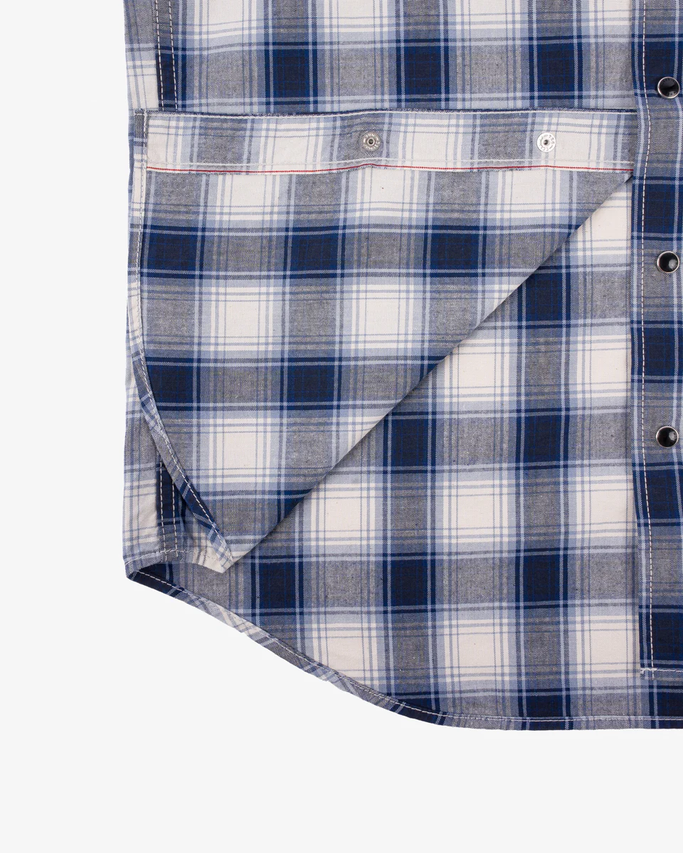 IHSH-418-BLU - 5oz Selvedge Short Sleeved Madras Check Western Shirt - Blue - Image 9