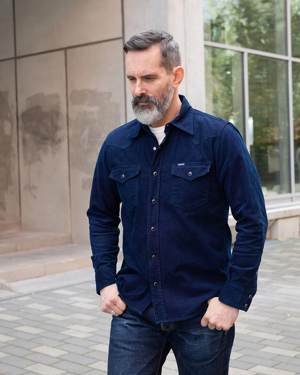 IHSH-438-IND - 7.5oz Selvedge Corduroy Western Shirt - Indigo - Image 2