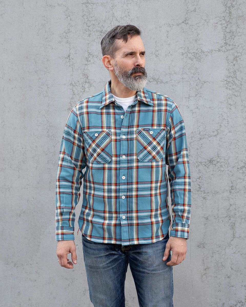 IHSH-442-SAX - 9oz Selvedge Flannel Work Shirt - Sax Blue Check - Image 2