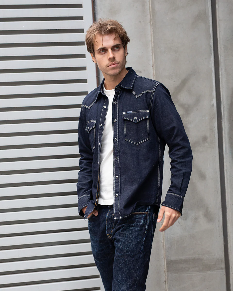 IHSH-444-IND - 7oz Cotton Linen Chambray Western Shirt - Indigo - Image 2