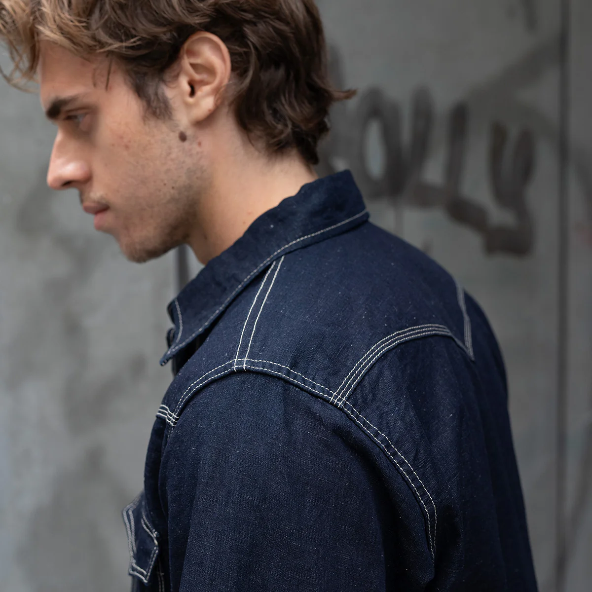 IHSH-444-IND - 7oz Cotton Linen Chambray Western Shirt - Indigo - Image 4