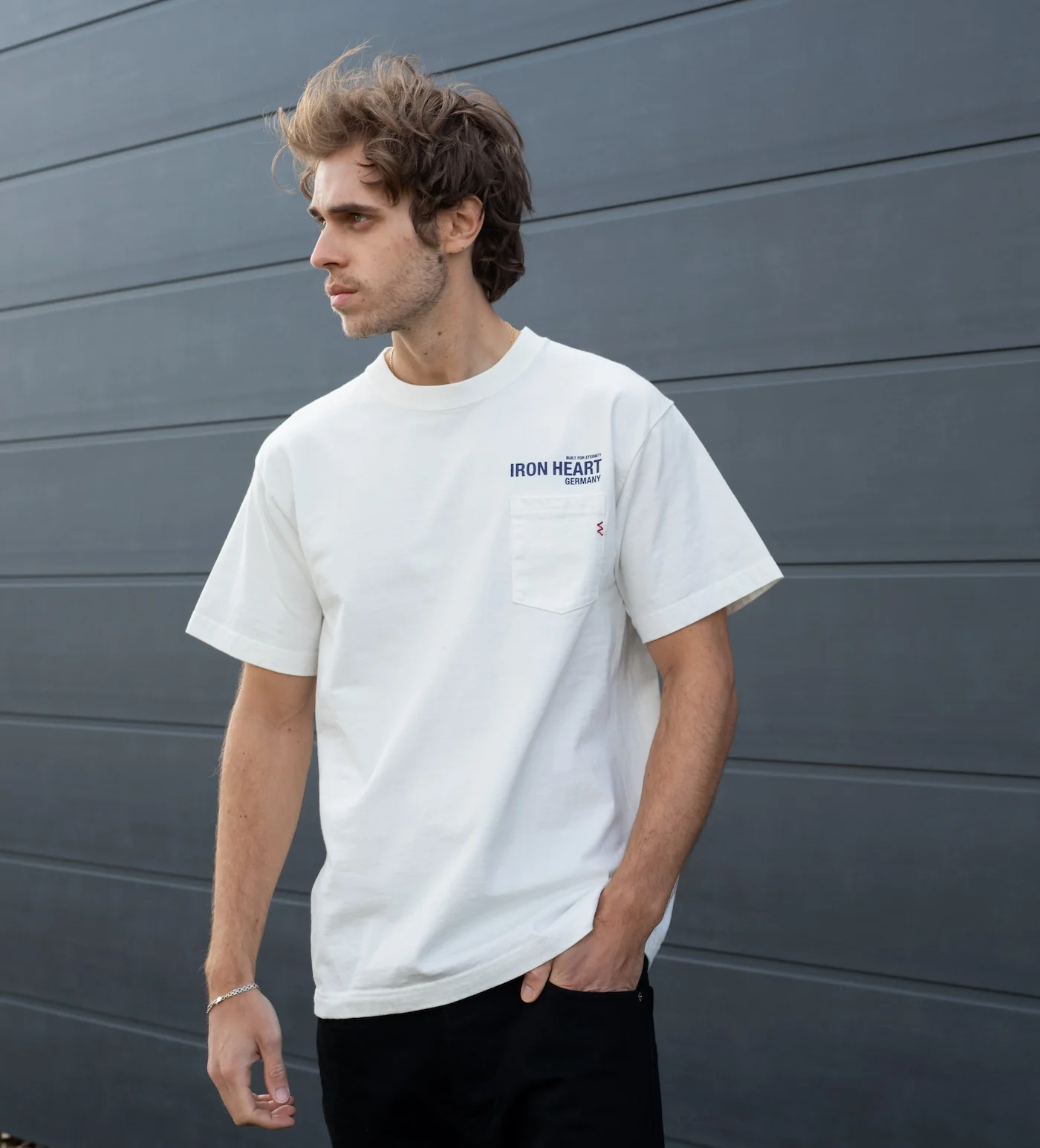 IHT-IHG-7-P-WHT - Iron Heart Germany 7.5oz Loopwheel Crew Neck Pocket T-Shirt - White - Image 3