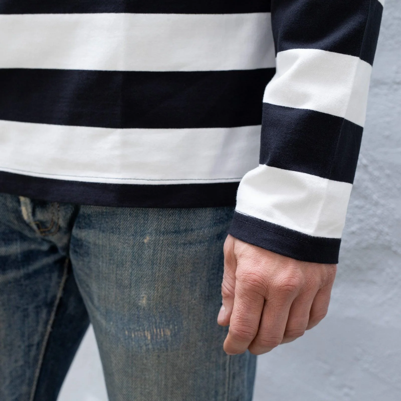 IHTB-09-BLK - 7.5oz Cotton Long-Sleeved Crew Neck - Black and White Stripes - Image 3