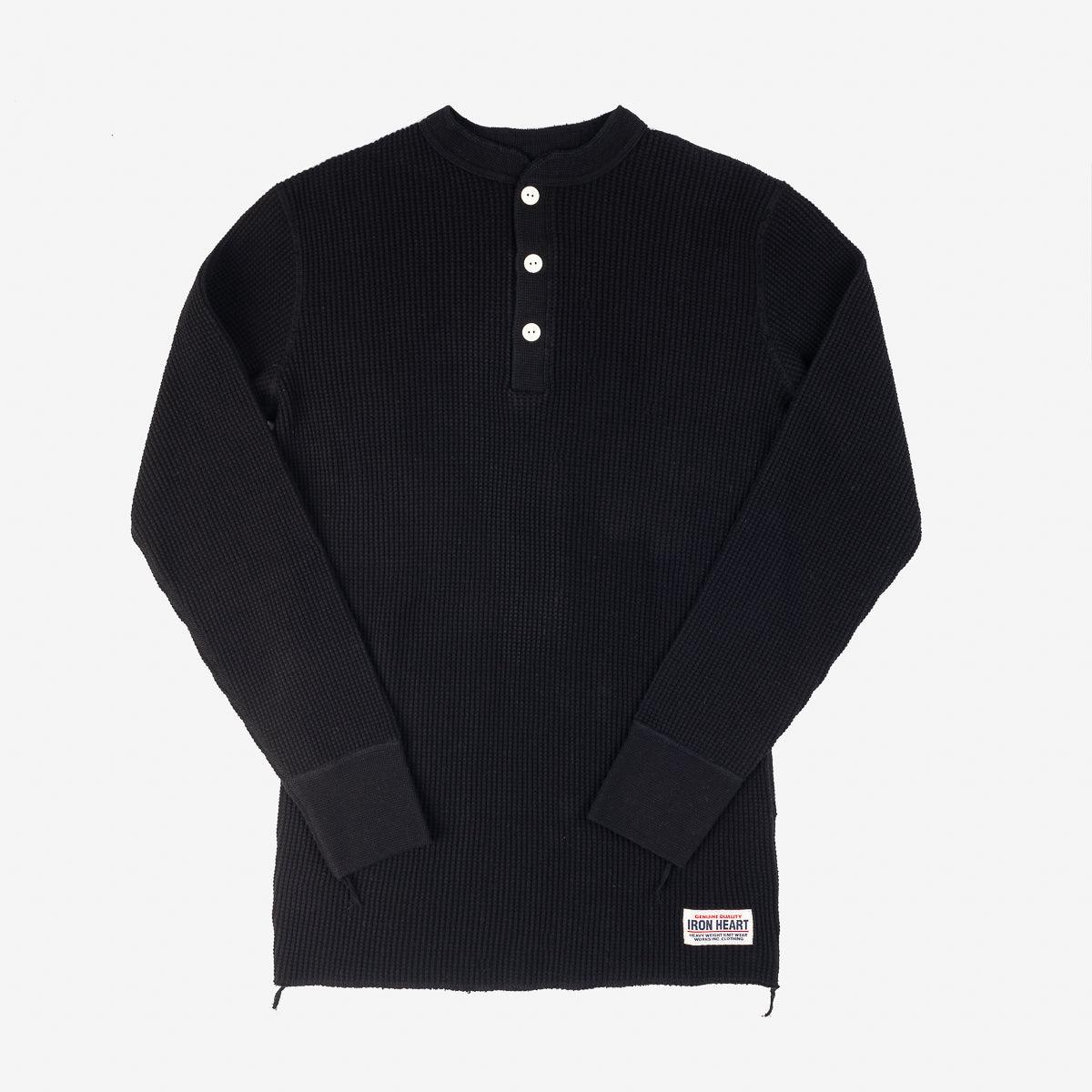 IHTL-1213-BLK - Waffle Knit Long Sleeved Thermal Henley - Black