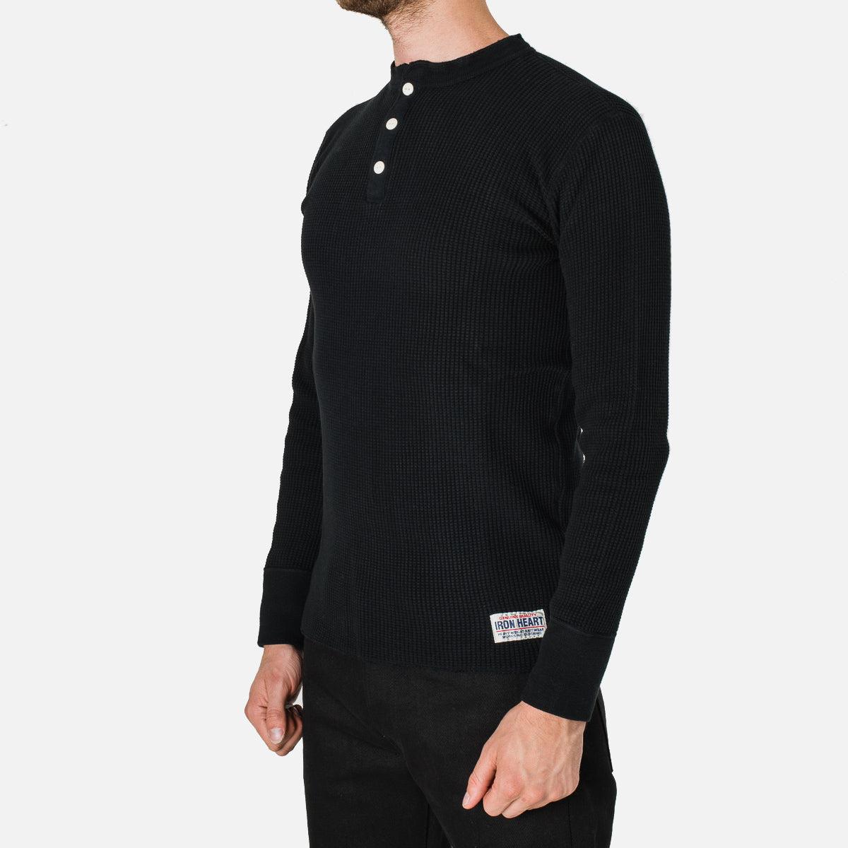 IHTL-1213-BLK - Waffle Knit Long Sleeved Thermal Henley - Black - Image 3