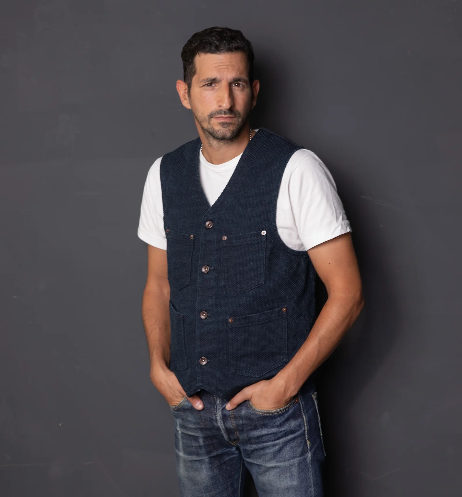 IHV-50-IND - 14oz Sashiko Dobby Cloth / Duck Work Vest - Indigo - Image 2