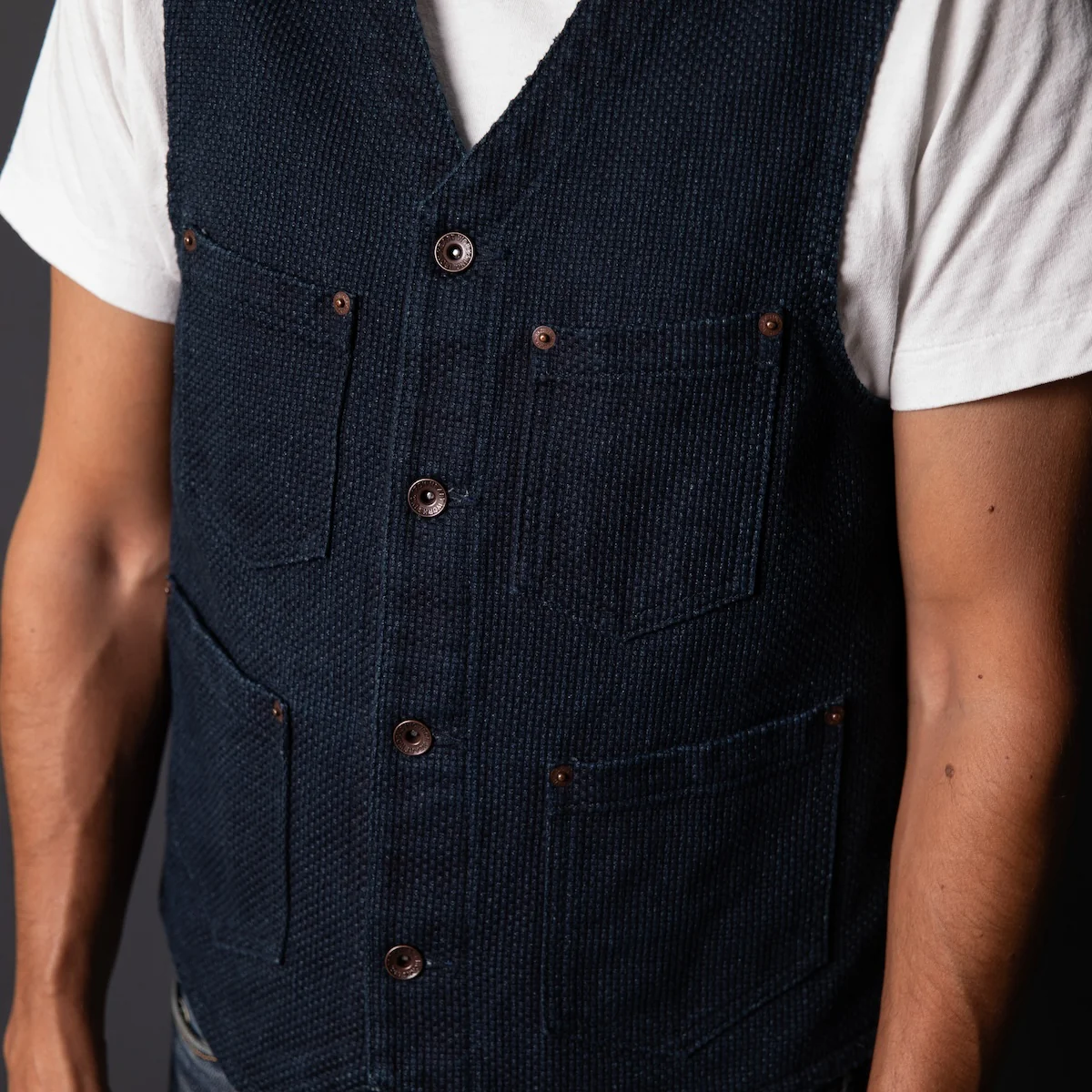 IHV-50-IND - 14oz Sashiko Dobby Cloth / Duck Work Vest - Indigo - Image 3